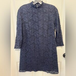 ZARA Women's Slate Blue Lace Mock Neck Long Sleeve Shift Dress Size S